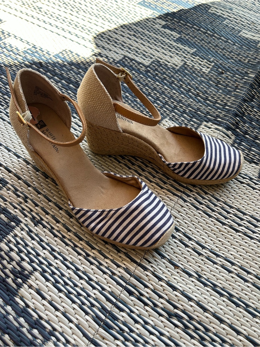White Mountain Mamba Navy and White Striped Ankle-Strap Espadrille Wedges